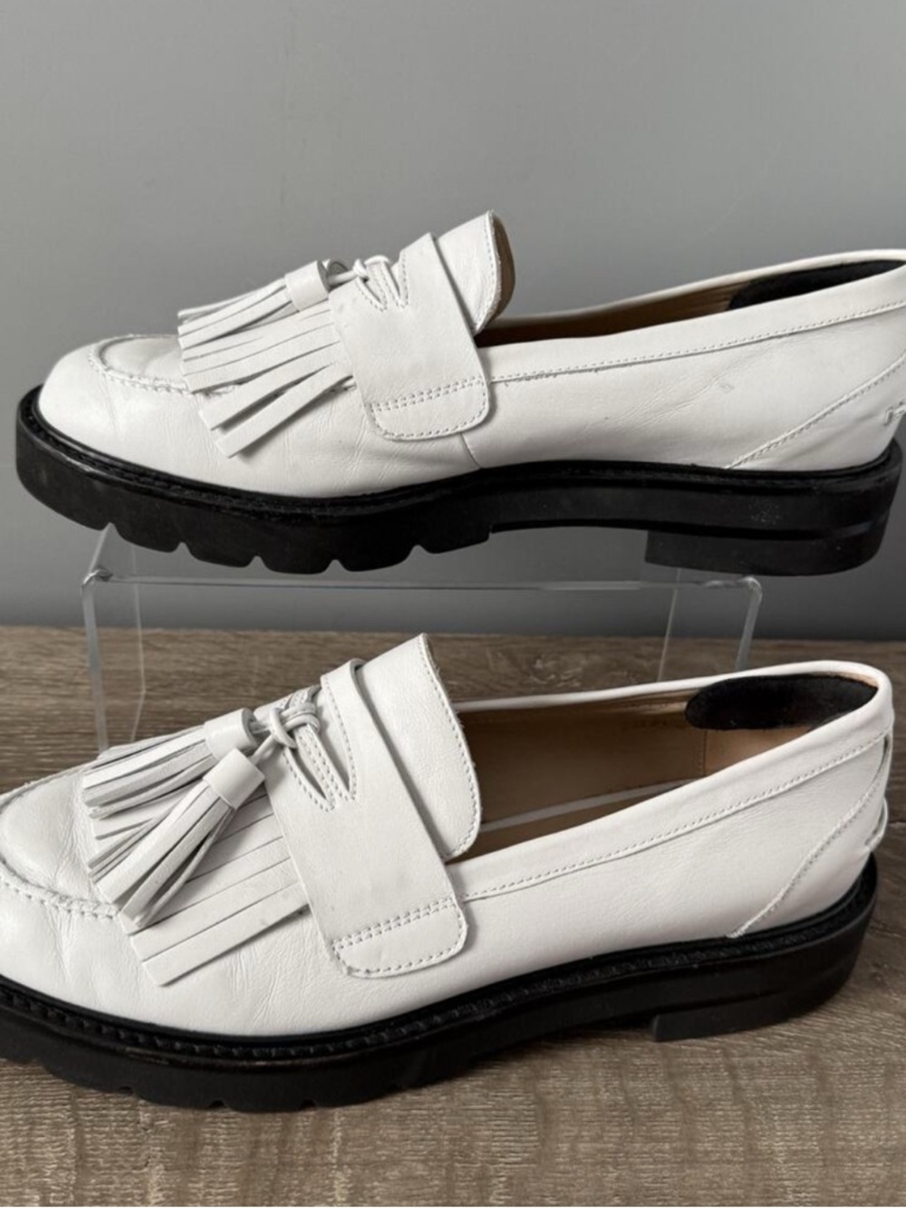 Stuart Weitzman White Leather Tassel Fringe Loafers with Black Lug Sole
